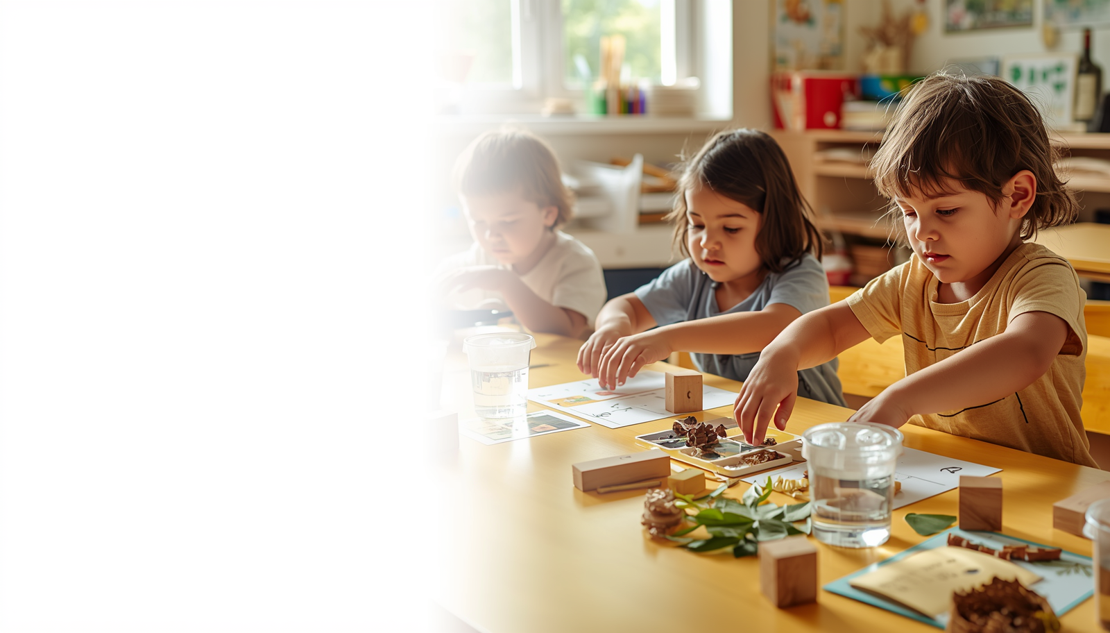 Crianças da Educação Infantil investigando materiais de natureza, água e quantidades