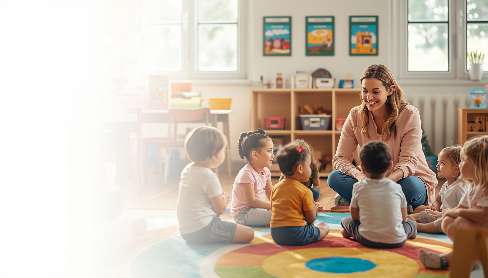 Professora em roda de conversa com crianças da Educação Infantil durante a rotina de acolhida