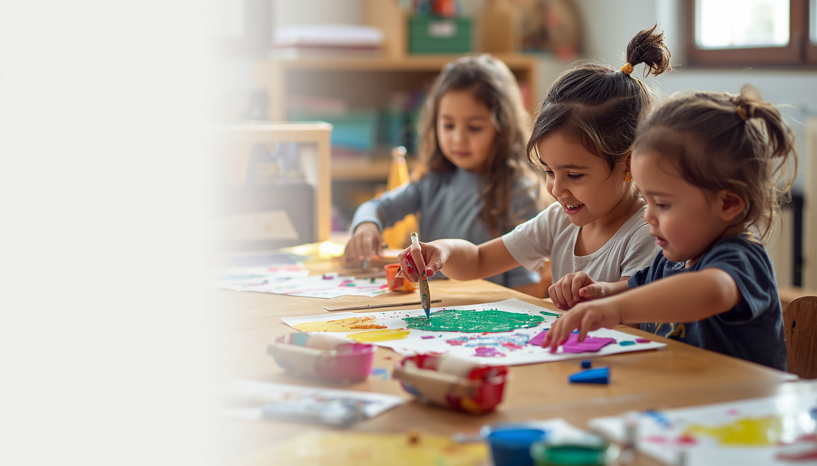 Crianças da Educação Infantil pintando e explorando cores em atividade artística
