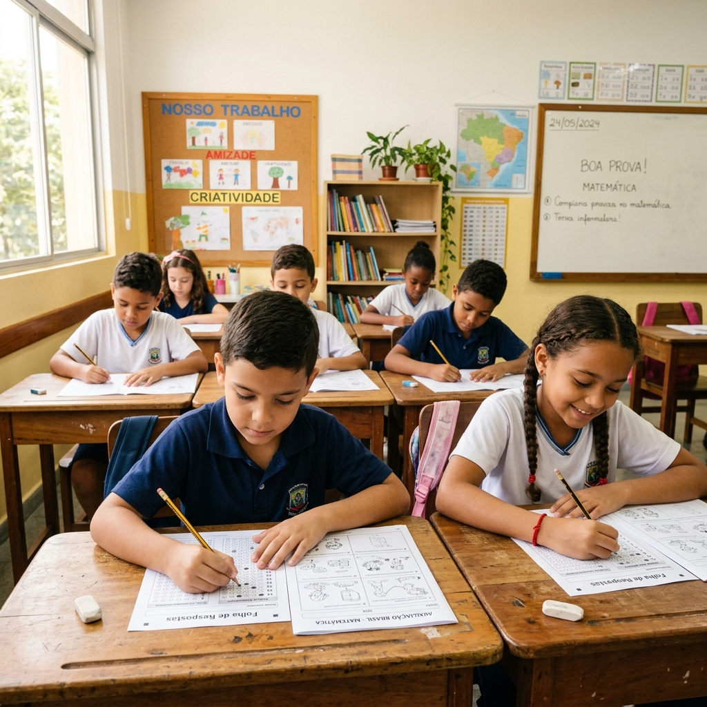Crianças brasileiras em sala de aula concentradas realizando uma avaliação diagnóstica impressa com folha de respostas e lápis