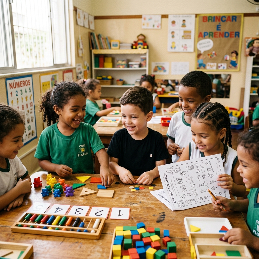 Crianças brasileiras na Educação Infantil explorando atividades de matemática lúdica em sala de aula