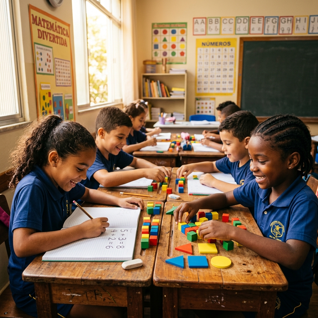 Crianças brasileiras no Ensino Fundamental aprendendo matemática com blocos lógicos, caderno quadriculado e material concreto