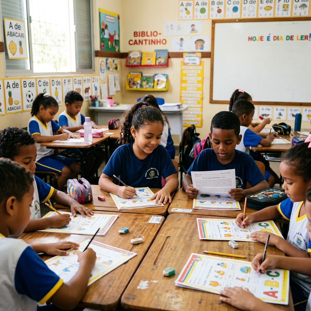 Crianças brasileiras do 1º ano do Ensino Fundamental concentradas realizando simulado de leitura e alfabetização em sala de aula